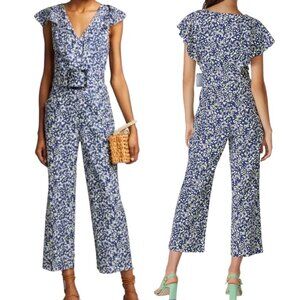 Tanya Taylor Avalon Floral Belted Straight Leg Linen Jumpsuit in Blue Size 16